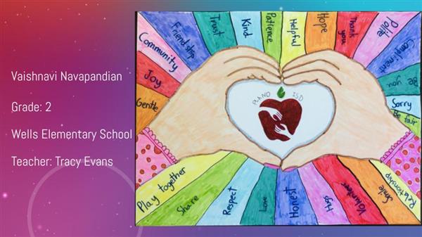 Hands holding heart with logo of Plano ISD, rainbow surrounding hands, with words gentle, joy, community, friendship, trust, kind, patience, helpful, hope, thank you, polite, play together, share 